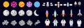 Set of elements on the space theme. Set of astronauts, rockets, moons, satellites, asteroids, planets. Outer space. Vector