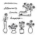 Set of elements in the style of line art on a white background. Vase with flowers, boot, bouquet of roses and lettering