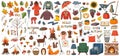 A set of elements on the theme of autumn, cozy home, hugge. A large design collection of colored doodle elements with a stroke and