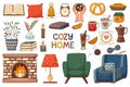 A set of elements on the theme of autumn, cozy home, hugge. A large design collection of colored doodle elements with a stroke and