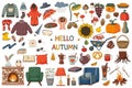 A set of elements on the theme of autumn, cozy home. A large design collection of colored doodle elements with a stroke and fill.