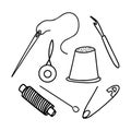 Set of elements on the theme of needlework. Black and white vector illustration in doodle style. Objects are isolated on Royalty Free Stock Photo