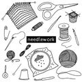 Set of elements on the theme of needlework. Black and white vector illustration in doodle style. Objects are isolated on a white Royalty Free Stock Photo