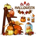 Set of elements to create a poster on theme of Halloween holiday party, greeting card on theme of golden autumn. Fallen