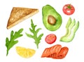 Set elements toast, fish, avocado, lemon, tomato and herbs. Cooking breakfast, lunch, dinner. Hand drawn watercolor