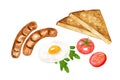 Set elements traditional breakfast with egg, toast, sausages, tomatoes and herbs. Hand drawn watercolor illustration