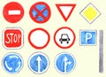 Set of elements, traffic signs and hand-drawn watercolor traffic lights, rules
