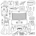 Set of elements about travel. Black and white vector illustration in doodle style. Suitcase, clothes, umbrella, headphones,