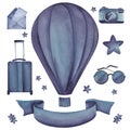 Set of elements on travel topic isolated on white background. Watercolor blue images of hot air baloon, suitcase, camera Royalty Free Stock Photo