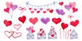 Set of elements for Valentine Day, Singles Day, friends and girlfriends. Various shapes and colors of hearts, envelopes Royalty Free Stock Photo