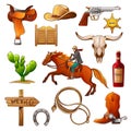 Set of elements of the Wild West. The equipment of cowboys. Royalty Free Stock Photo