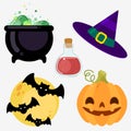 Set of elements. Witch cauldron, hat, moon, bats, poison pumpkin Royalty Free Stock Photo