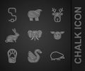 Set Elephant, Swan bird, Hedgehog, Pig, Paw print, Rabbit, Deer head with antlers and Worm icon. Vector