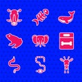 Set Elephant, Worm, Giraffe head, Dog bone, Snake, Frog, Whale and Wild boar icon. Vector