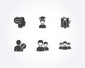 Elevator, Student and Couple icons. Edit user, Good mood and Group signs. Lift, Graduation cap, Two male users.