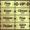 Set of eleven golden vector tickets and coupons templates. Vector file is organized in layers to separate Graphic elements Royalty Free Stock Photo