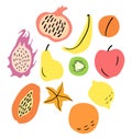 A set of eleven stylized fruits: banana, kiwi, peach, orange, pomegranate, pear, apple, pitaya, carambola, lemon, papaya.