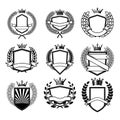 Set of emblem template with wings and crown. Design element for logo, label, sign, emblem. Royalty Free Stock Photo