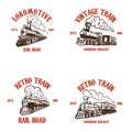 Set of emblem templates with hand drawn retro trains. Design elements for poster, card, t shirt, logo, label, badge.