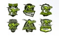 A set of emblems, badges, stickers, logos of dinosaur hunting. Predator Jurassic, a dangerous beast, an extinct animal