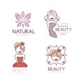 Set of 4 emblems for beauty salon or shop. Vector logos with girls silhouettes and abstract butterfly. Signs in line