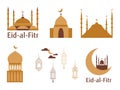 Set of emblems for islamic holiday. Ramadan traditions. Eid-al-Fitr greeting. Best badges set for your design. Mosque, moon.