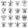 Set of emblems with knights, swords and shields. Design element for logo, label, emblem, sign, poster, t shirt