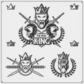 Set of emblems and labels with bearded king in a crown and lion. Royalty Free Stock Photo