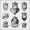 Set of emblems and labels with bearded king in a crown. Royalty Free Stock Photo