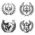 Set of emblems with medieval helmets and wreaths. Design element for logo, label, emblem, sign.