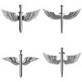 Set of emblems with medieval sword and wings. Design element for logo, label, emblem, sign. Royalty Free Stock Photo