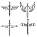 Set of emblems with medieval sword and wings. Design element for logo, label, sign. Royalty Free Stock Photo