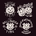 Set of 4 emblems with pumpkins like little kids, sweets, bones, text happy halloween, trick or treat