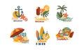 Flat vector set of emblems related to summer holiday theme. Elements for beach party poster Royalty Free Stock Photo
