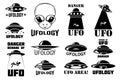 Set of emblems with ufo, alien. Ufology signs.