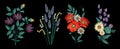 Set of embroidery bouquet on black background. Different flower compositions, wildflowers. Folk line trendy pattern for