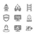 Set Emergency call 911, Location with fire flame, Fire exit, Flasher siren, Firefighter, escape and hydrant icon. Vector Royalty Free Stock Photo