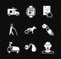 Set Emergency car, Smart watch, Braille, Hospital bed, Hearing aid, Head of deaf and dumb, Blind human holding stick and