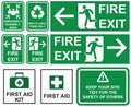 Set of emergency fire exit , emergency assembly area, first aid, recyclable items only green signs with different directions iso