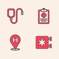 Set Emergency - Star of Life, IV bag, Patient record and Location hospital icon. Vector Royalty Free Stock Photo