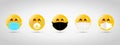 Set emoji with black and white mouth mask. Yellow emoji icon on grey template. Vector illustration