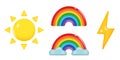 Set emoji icon, yellow sun and lightning, colorful rainbow. Realistic glossy 3d emotions. Vector illustration Royalty Free Stock Photo