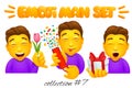 Set of emoji man characters. Cartoon style emoticon collection. Bithday accessories flower, gift box, cracker