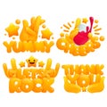 Set of emoji yellow hands in various gestures with titles Yummy, cheers, lets rock, thank you. 3d cartoon style