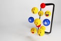 Set of Emojis, happy smiley design with mobile phone. 3d rendering