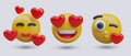 Set of emoticons in love. 3D yellow heads with red hearts