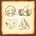 Set of emoticons,vintage gravure style, thumb up