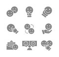 Set of emotion feedback gray icons. Testimonials, smile, upset, emotionless face and more.