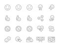 Set of emotion feedback line icons. Testimonials, smile, upset, emotionless face, positive and negative emotions and