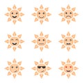 Set of emotion icons of the cartoon sun. Isolated vector on white background Royalty Free Stock Photo